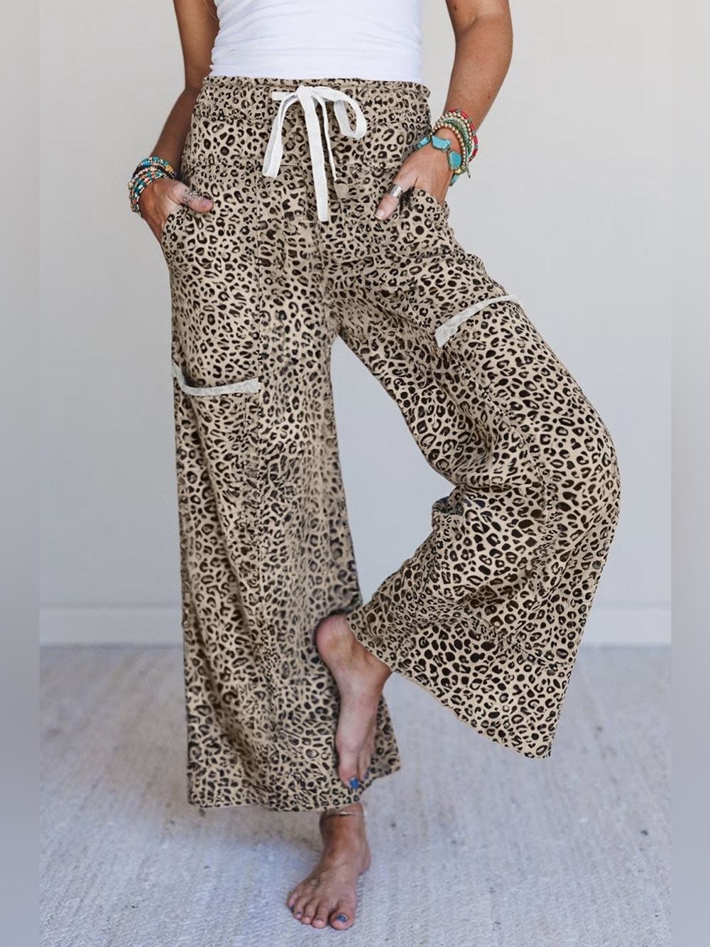 Leopard Print Wide-Leg Pants with Drawstring